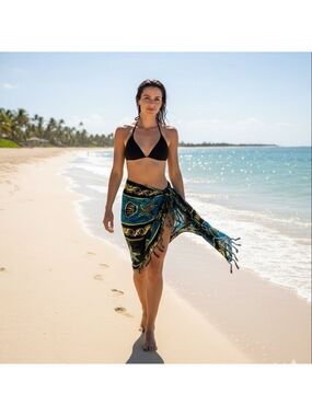 UNBRANDED Tropical Seashell Print Fringed Pareo / Sarong / Coverup 58” x 44” O/S